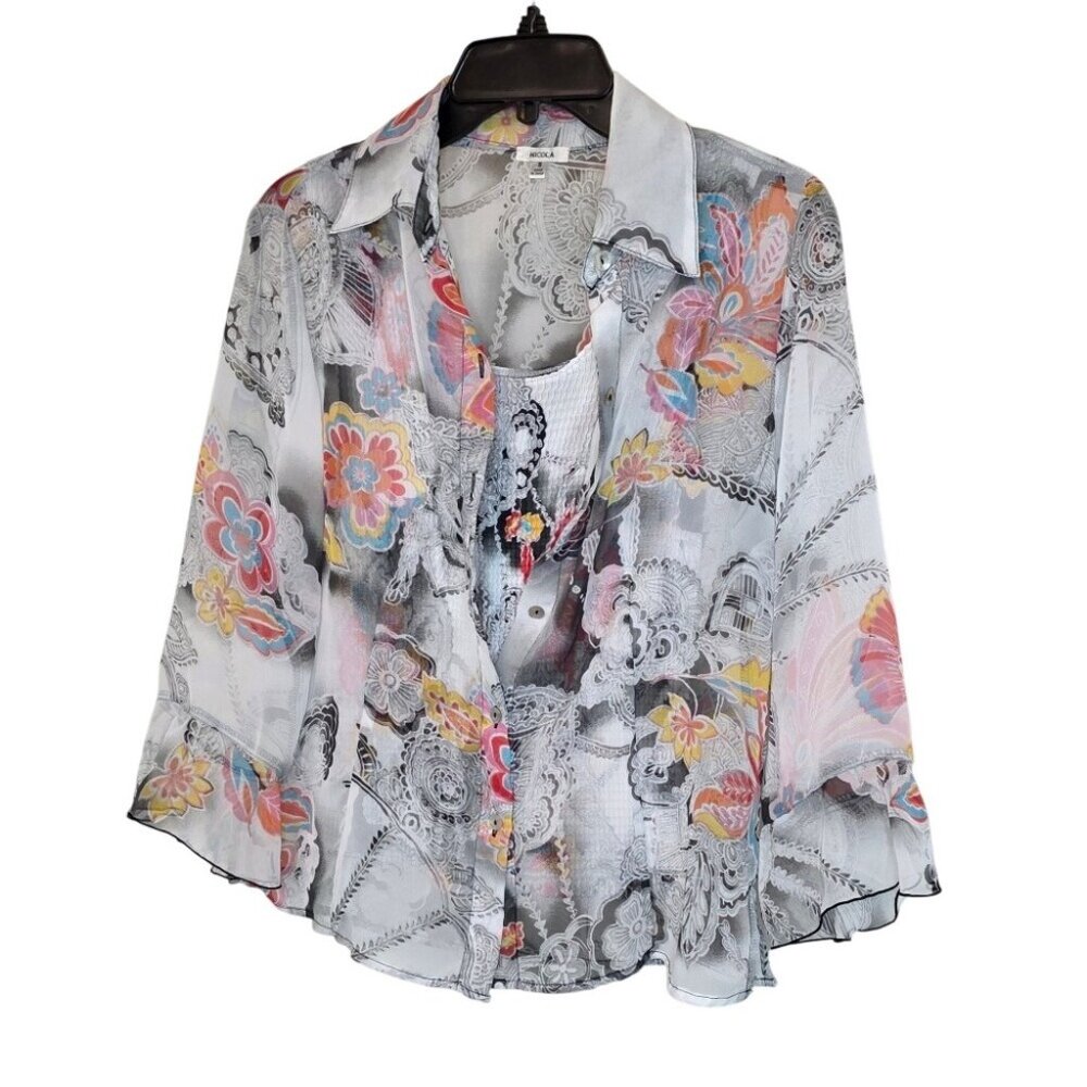 Nicola Womens 2-Piece Sheer Blouse & Sleeveless Tank Set Abstract